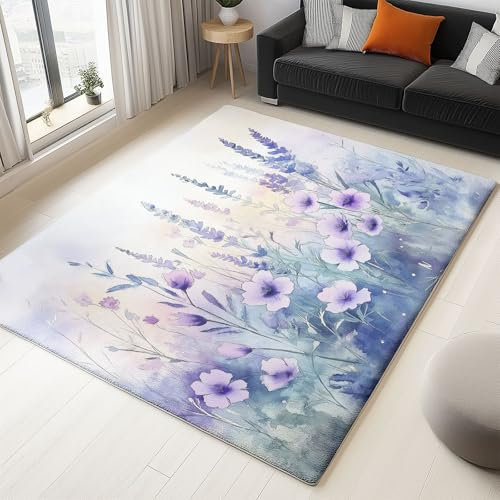 Teppich Wohnzimmer 120 x 170 cm Teppich Flieder Hellblau Waschbarer Aquarell Frische Wildblumen Bedruckter rutschfeste Schlafzimmer Kurzflor, Teppiche für Wohnzimmer Kinderzimmer