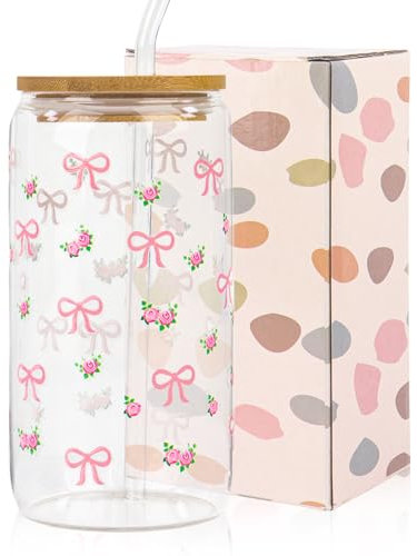 16 oz Pink Glass Cup with Lid and Straw, Iced Coffee Cup Birthday Gifts for Women Friends