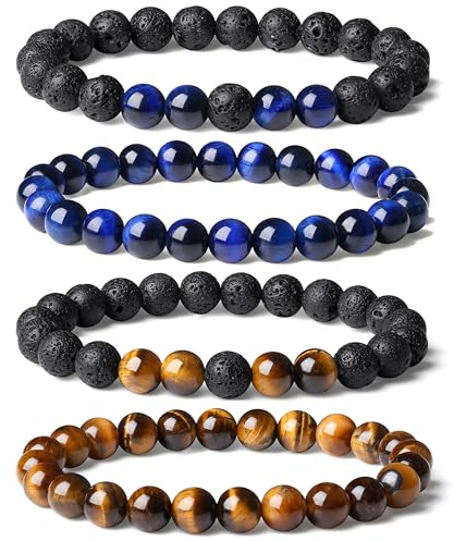 Sahoottie 3-4 Stücke Armband Herren Naturstein Perlenarmbänder Herren 8mm Tigerauge Armband Schwarzer Lavastein Perlenarmband Set Stretch Armbänder Männer Geburtstagsgeschenk für Männer