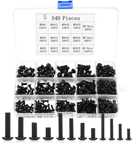 Juego de 540 tornillos M3 M4 M5, de cabeza redonda, juego de tuercas hexagonales, negro, surtido de tornillos para máquina, muebles de coche, bicicleta, tornillos y tuercas, juegos de tornillos