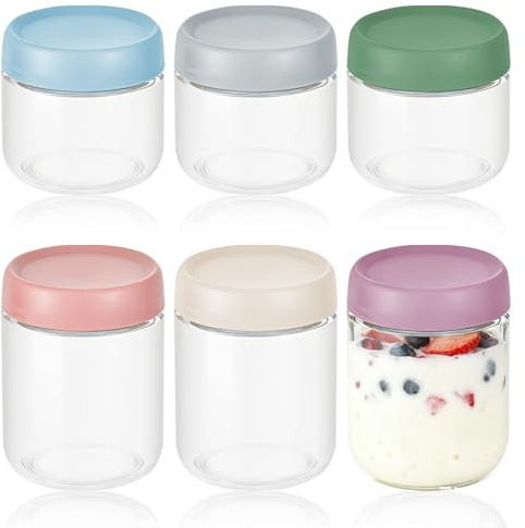 Euablfo 6 Pièces Overnight Oats Jar, Bocaux en Verre Hermétique, 480 ml 350ml Boîtes À Avoine de Nuit, Bocaux de Conservation en Verre Borosilicate, pour la Préparation des Repas,Yaourt,Céréales