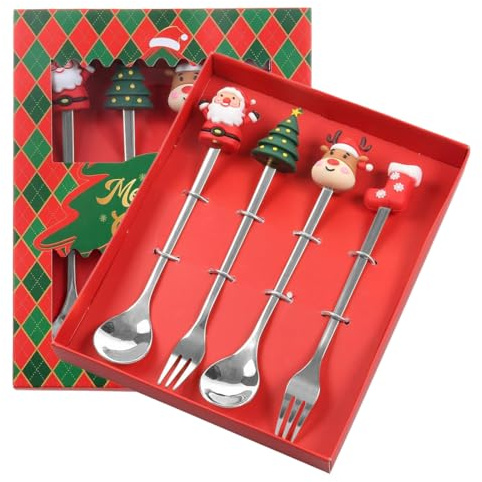 4 Stück Weihnachten campingbesteck, Edelstahl Reisebesteck mit Etui, Weihnachtsgeschirr, Besteckset to go, Outdoor, Reise, Arbeit.