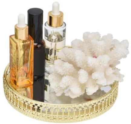 Round Vanity Tray, 17.5cm/6.9in Round Light Luxury Dressing Table Organizer | Decorative Mirror Tray, Glass Mirror Surfaces, Elegant Golden Edges, Candle Light Reflection Effect, Dresser, Bedroom