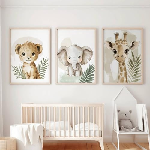 Xiyocadt 3er Tier Poster Set, Bilder Kinderzimmer, Elefant - Giraffe - Löwe, Dekor im Babyzimmer, Sicher und geruchlos moderne Wandbilder, ohne Rahmen (21 x 30 cm)