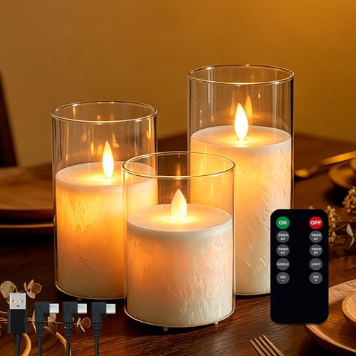 NICE PIONT Wiederaufladbare LED Kerzen 3er Set mit Timer und Fernbedienung, 5 Stufen dimmbar, flackernde Flamme, Eisriss-Kerzen – für Wohnzimmer Deko und Schlafzimmer Beleuchtung