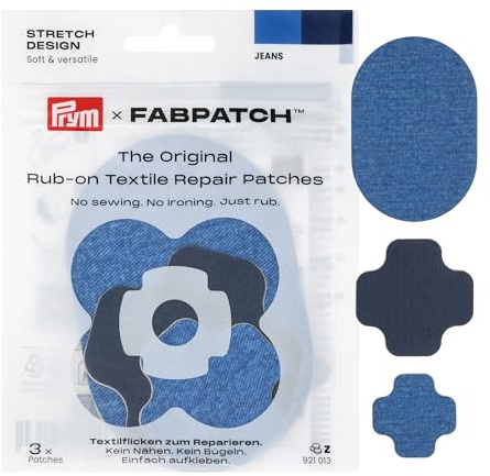 Prym 921013 FabPatch STRETCH Design Rub-on Patch Jeansblau (3 Stück) – Selbstklebende bi-elastische Design-Reparaturflicken für Sportbekleidung, Leggings, Jacken & Sneaker – Ohne Nähen & Bügeln