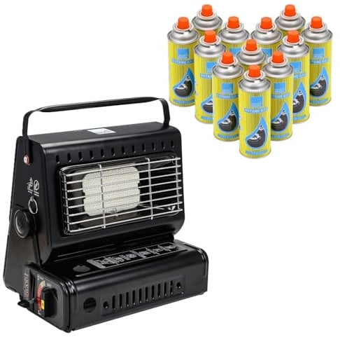 LIVHOME 2-in-1 Portable Gas Heater & Stove 1.3kW with Auto Ignition, Safety Grill & Temperature Control, Butane/Propane Compatible Camping Heater Cooker for Camping (Camping Heater + 12 Canisters)