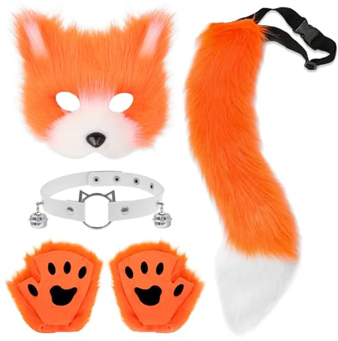 Xerteam Kunstpelz Fuchs Kostüm, Fuchs Cosplay Kostüm Set Plüsch Fuchsschwanz Fuchs Maske Glocken Halskette Fuchshandschuhe, Geeignet für Halloween Karnevals Cosplay Partys
