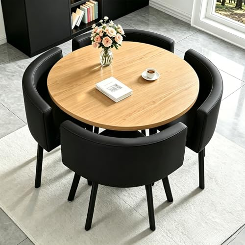 AMZSEW Essgruppe 5-Teilig, Küchenstühle Runder Esstisch und 4 Kunstleder Esszimmerstühle, Küchentisch esszimmertisch 80 cm, für 4-6 Personen, für Esszimmer, Küche, Wohnzimmer, Modern (WOODCOLOR)