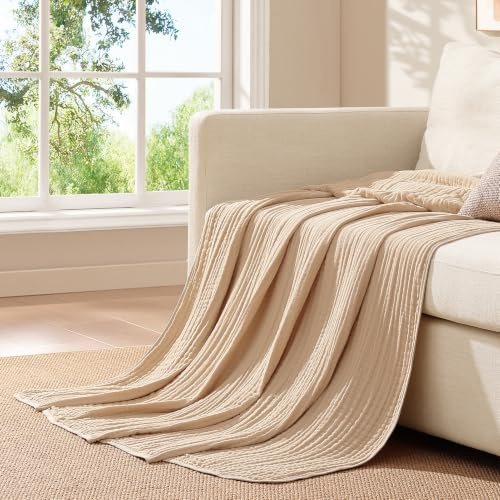 Topfinel Musselin Decke,100% Baumwolle Tagesdecke,Dekorative Kuscheldecke und Wohndecke Fur Sofa Cozy Sommer Decke 150x200 cm Beige Blanket,Leichte Atmungsaktive Ganzjahresdecke,Weich