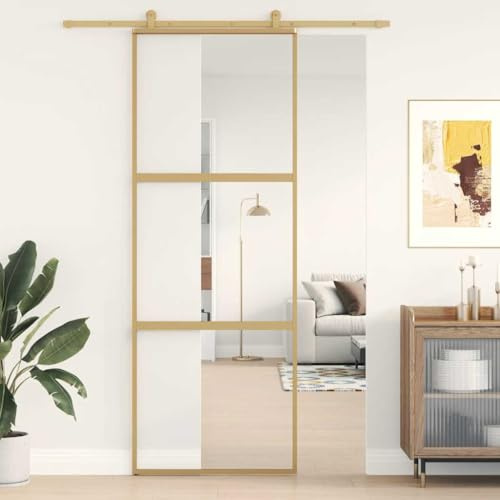 Kaloriko Porte coulissante dorée 76x205 cm verre ESG clair aluminium pour intérieur ou extérieur maison appartement façade avec panneau vitrée pleine et mécanisme silencieux
