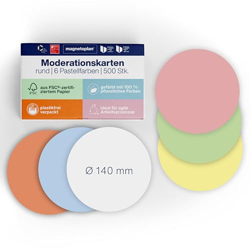 magnetoplan Moderationskarten, rund | D = 140 mm | 500 Stück | Kommunikationskarten in 6 Pastellfarben | Für Meetings und Präsentationen | FSC-zertifiziert