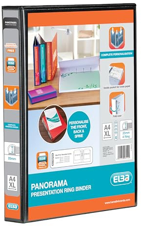 Elba A4 4 D-Ring Binder, 25mm Capacity, 40mm Spine, Presentation Folder with Customisable Cover, Portrait, Black (Single)