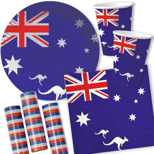 DH-Konzept/CARPETA Kit de fête jetable 37 pièces « Australie » avec assiettes en carton, serviettes, gobelets en carton et ballons pour fête à thème