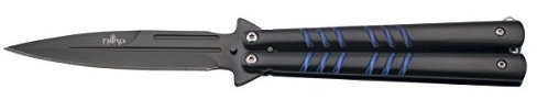 THIRD Navaja de Abanico 16070A Hoja de Acero INOX con abatanadores Negra de 12 cm, Mango de Acero INOX Color Negro con Detalles Azules.