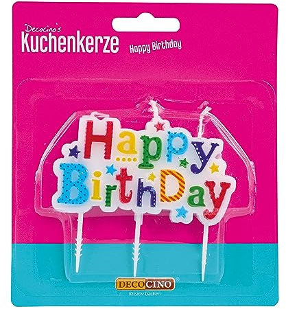 Decocino Kuchenkerze „Happy Birthday“ Höhe circa 7 cm Back-Deko Torten-Deko Geburtstags-Deko