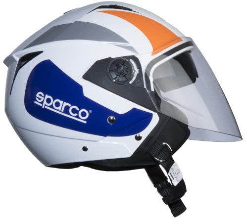 BHR Casco Jet Doppia Visiera Sparco Riders SP503 | Casco Scooter Omologato ECE | Casco Moto Jet con Doppia Visiera Antigraffio & Sgancio Micrometrico | Bianco/Arancio | XS