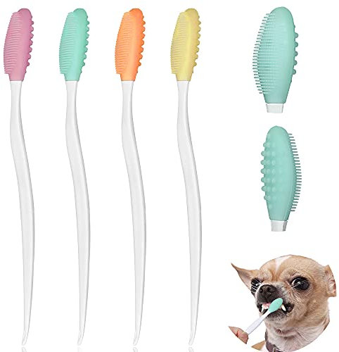 SlowTon Hundezahnbürste, 4 Stück Silikon doppelseitig weicher Hund Zahnbürste Set mit 5,7 Zoll gebogenem langem Griff Dog Toothbrush für kleine Hunde Katzen welpen