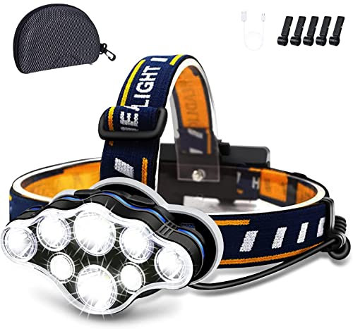 Linterna recargable de 8 LED, linterna de 18000 lúmenes, 8 modos con luces blancas rojas cable USB, lámpara de cabeza impermeable para acampar al aire libre, ciclismo, correr, pesca