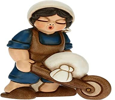 THUN - Statuina Presepe Uomo con Carriola - Decorazioni Natale Casa - Linea Presepe Classico, Variante Blu - Ceramica - 6 x 4 x 8 h cm