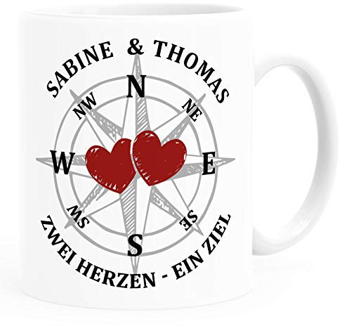 SpecialMe® personalisierte Kaffee-Tasse Kompass zwei Herzen ein Ziel mit Namen Liebes-Geschenk Freundin Mann weiß Keramik-Tasse