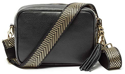 Ledertasche Echtleder in Schwarz mit abnehmbaren Lederriemen und zusätlichem Tragegurt zum Umhängen, 20 x 15 x 7 cm
