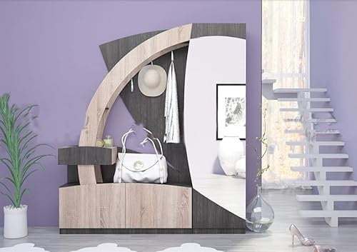 Ingresso Mobile Con Tre Ante Tre Ganci Un Cassetto Ed Uno Specchio Attaccapanni Castagno E Rovere Sonoma, Wengè e Rovere Sabbia Ingresso in Legno Economico IG6 (rovere sonoma e carbone)