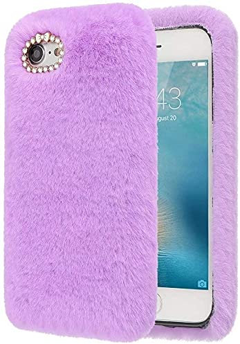 Awenroy for iPhone 4/4S Plush Case - Flexible Silicon Soft Fluffy Furry Cute Case - Shockproof Back Bumper Cover with Glitter Diamond Bowknot - Purple