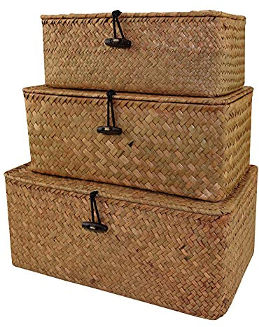 Rattankorb Aufbewahrungskorb aus Seegras, Aufbewahrungskorb aus Weide mit Deckel, rechteckiger Korb aus Rattan, geflochten, aus Granatholz, mit Deckel, Aufbewahrungskörben (S+M+L)