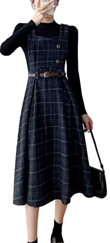 Himifashion Robe vintage japonaise à carreaux pour femme - Automne et hiver - Avec bretelles en laine - Midi, bleu marine, S