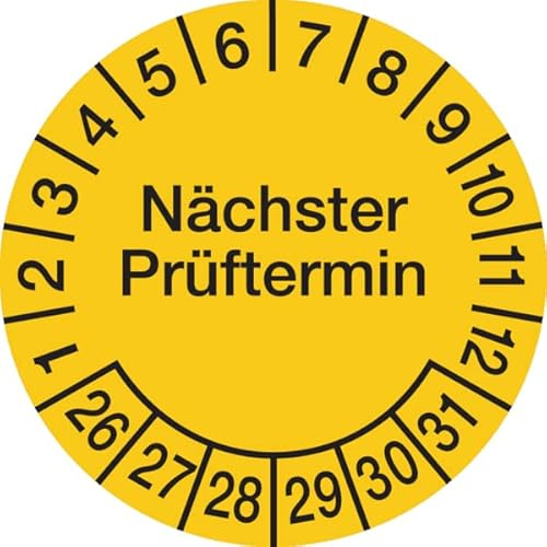 Dreifke® Aufkleber Prüfplakette, Nächster Prüftermin, gelb/schwarz, Ø 20 mm - Bogen = 10 Plaketten Folie selbstklebend Gelb AufdruckSchwarz 2