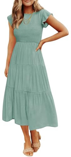 ZESICA Damen 2023 Sommer Casual Flutter Kurzarm Rundhals Gesmokte Elastische Taille Gestuftes Midikleid, Salbei, Mittel
