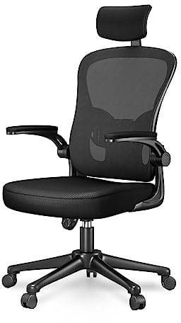naspaluro Office Chair Desk Chair with Back Support, Ergonomic Chair with 90° Flip-Up Armrest, Adjustable Headrest, Swivel Mesh Chair for Home and Office Use (Black)