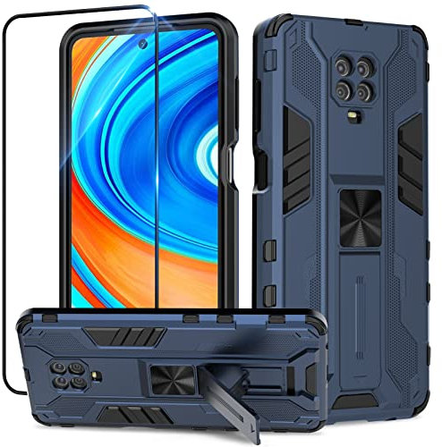 Btstring Funda para Xiaomi Redmi Note 9 Pro/Redmi Note 9S con Cristal Templado Protector Pantalla, Carcasa Protectora Antigolpes con Soporte Reforzado - Azul
