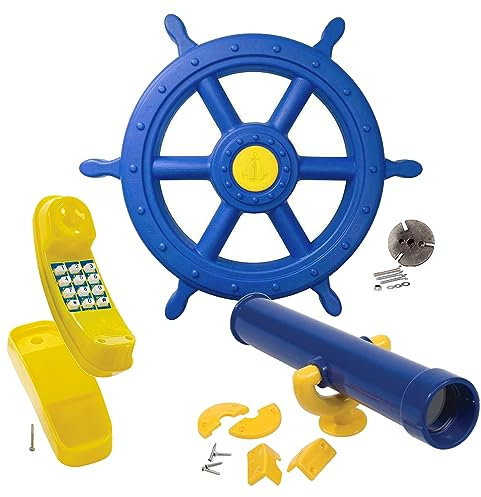 GK Zubehör-Set z.B. für Spielturm mit gelbem Telefon, blauem Schiffsruder/Steuerrad und Teleskop in der Farbe (blau)