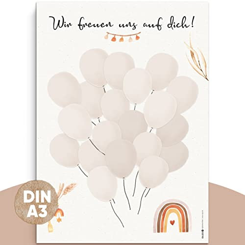 OLGS Gästebild Luftballons DIN A3 für Babyparty Taufe Kindergeburtstag | Gästebuch Alternative Babyshower Deko | Gender Reveal Party Poster für Junge und Mädchen | Baby Wandbild Taufgeschenk (Boho)