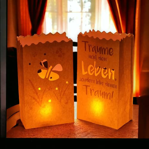 Lichtertüten Papierlaterne - 12er Set - 26 x 15 x 9cm - Träume - Wiederverwendbar Lichttüten - Tischdeko Geburtstag Candle Bags für Birthday Party - Teelichter LED Kerzen Kerzentüten