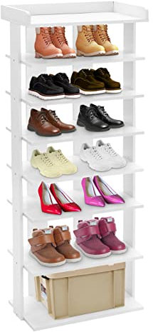 Youyijia Narrow Double Rows 7-Tier Tall Shoe Rack Organiser, Slim Vertical Storage Cabinet Wooden Shelf, Free Standing Display Tower for Corner Entrance Hallway (White)