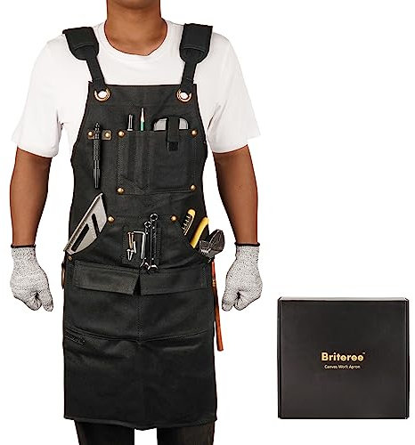 BRITEREE Holzbearbeitungsschürze für Männer, Geschenke für Männer, mit 9 Werkzeugtaschen, strapazierfähige, gewachste Segeltuch-Arbeitsschürze für Holzarbeiter, Tischler, Schmiede (schwarzgewachste