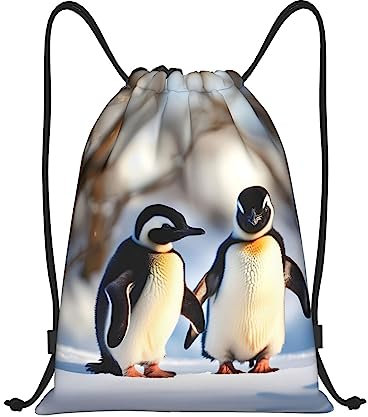 PIXOLE Rucksack mit Kordelzug, Motiv: junge Pinguine mit Schnee, wasserabweisend, Sportbeutel, Turnbeutel, für Damen und Herren, Junge Pinguine mit Schnee, Medium, Classic