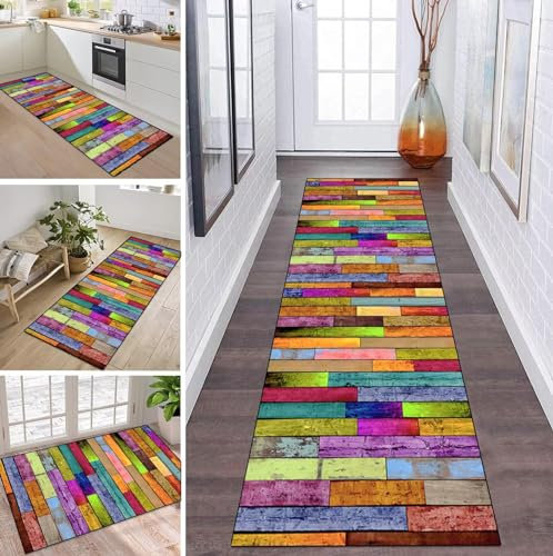Teppich Läufer Flur Küche rutschfest waschbar Teppichläufer Lang Bunt Streifen 50X90CM Modern Design Meterware Korridor Tepiche Esszimmer Schlafzimmer Wohnzimmer Schmutzfangmatte Küchenteppich