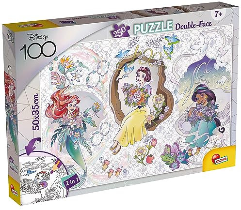 Lisciani - DISNEY Puzzle 100 DF Plus - 250 Stück - Prinzessinnen - Double Face - 2 in 1 - Puzzle und Ausmalbilder - 50 x 35 Cm - Für Kinder ab 7 Jahren