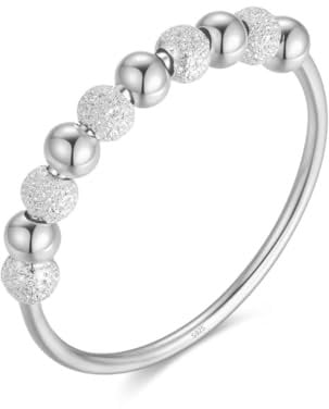 Anti-Stress Ring aus 925 Sterlingsilber mit drehbaren Glitzer-Kugeln, Dekompression Entspannungs-Helfer mit Perlen zum Drehen für Frauen und Damen, Angstring Beruhigend & Therapeutisch (Silber, 60)