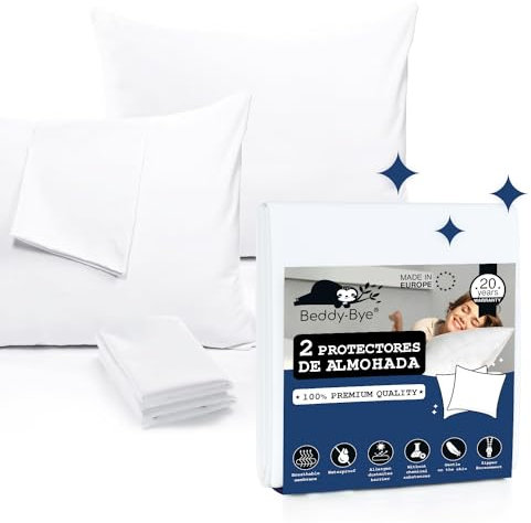 Funda Protectora de Almohada 50x75 cm (Pack 2) Impermeable con Cierre de Cremallera Beddy-Bye® - Transpirable e Hipoalergénica con Certificado Oeko-Tex