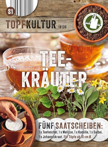 Saatscheiben Tee-Kräuter, 5 Stk, 8 cm Durchmesser, 10g, Anzucht Samen-Set auf der Fensterbank oder dem Balkon, Teefenchel, Melisse, Salbei, Johanniskraut, Kamille