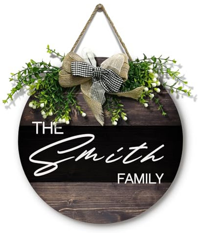Dacawin Cartello personalizzato per porta con nome di famiglia in legno personalizzato segno di benvenuto per porta d'ingresso con fiocco rustico personalizzare ghirlanda targa regalo per casa