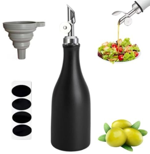 10 oz Olive Oil Bottle Dispenser, Ceramic Opaque Oil Cruet to Protects Oil To Reduce Oxidation, Olive Oil Bottle Drizzler with Weighted Pourer - for Easy Refill & Cleaning for Kitchen (Black)