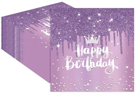 40 Stück Lila Glitzernde Diamanten Geburtstag Servietten 33x33cm Partygeschirr Servietten Papierserviette Deko für Junge Mädchen Geburtstag Party Deko