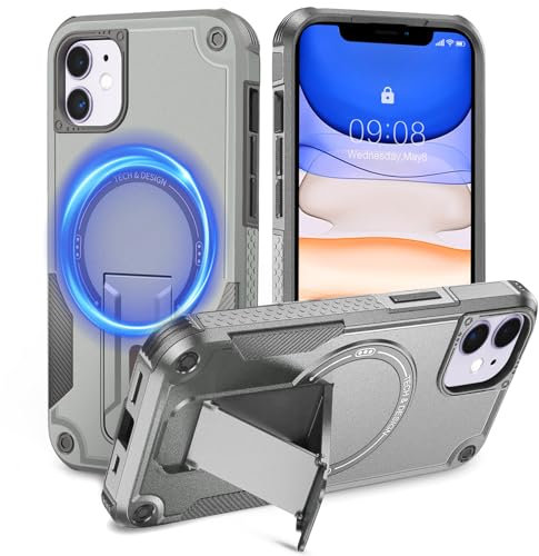 Tuvror Magnetic for iPhone 11 Case with Stand. [Compatible with MagSafe] Built-in Kickstand. Rugged Protection Heavy Duty Shockproof Case for iPhone 11 (Grey)