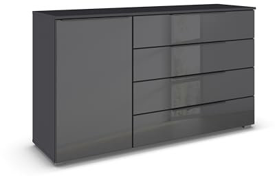 Rauch Möbel Monostar, Kommode, Kommode Schlafzimmer, Kommode, Schubladenkommode, 1-türig, Anschlag Links, 1 Glastüre, 4 Schubladen, mit Glasfront, Farbe Glas Basalt/Grau metallic, Schwarz, 140x81x42cm
